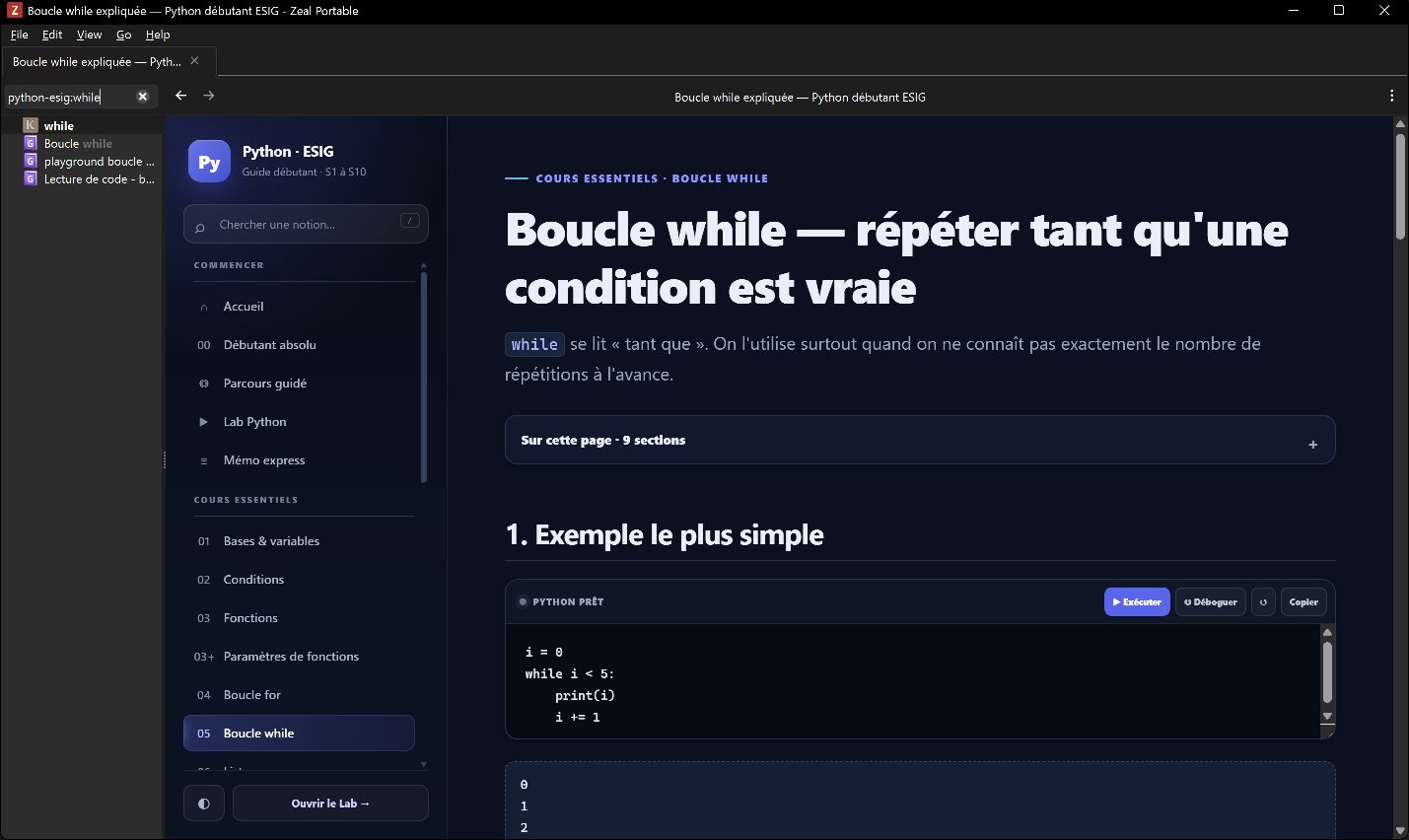 Cours Python ESIG dans Zeal avec un exemple de boucle while exécutable et son résultat