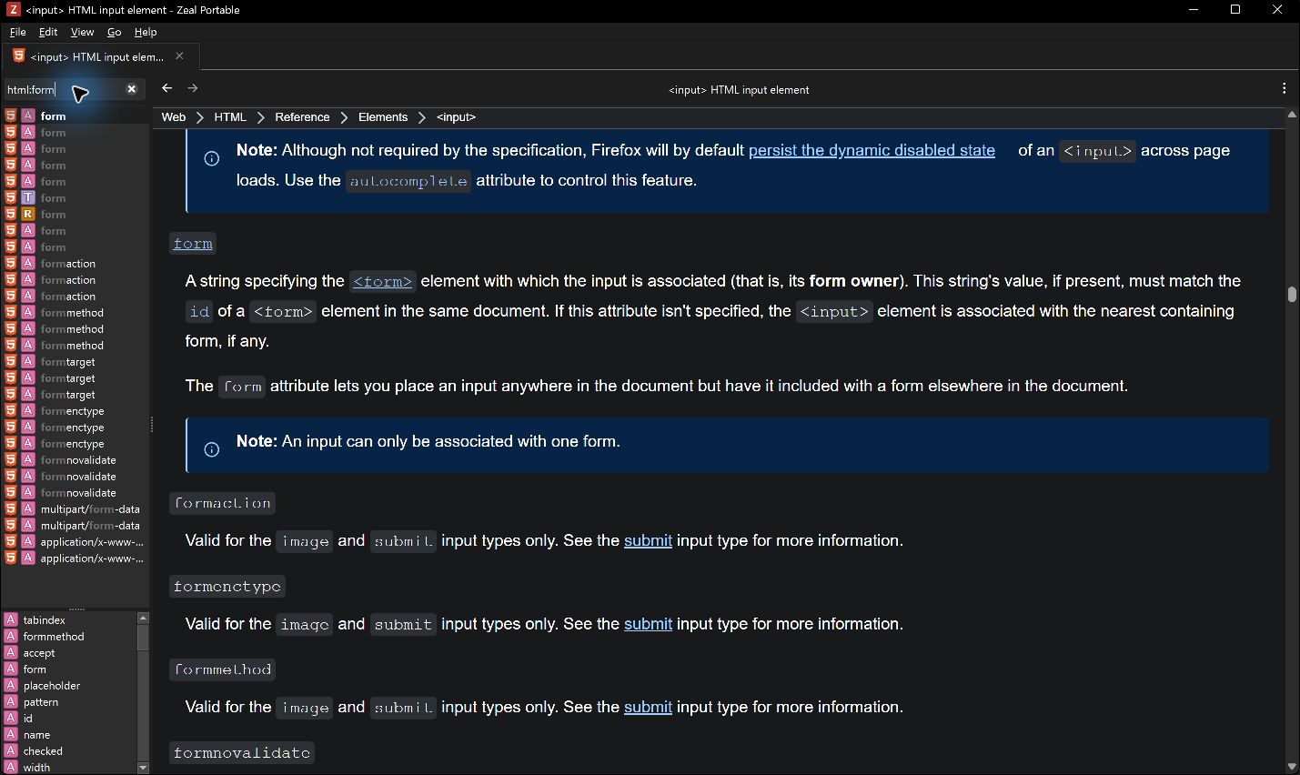 Recherche html form dans Zeal avec les résultats à gauche et la documentation à droite